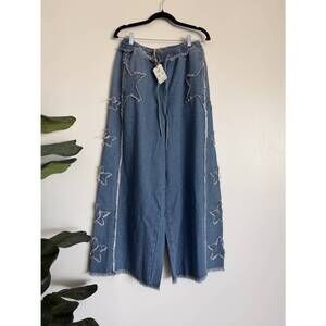 NEW SAGE+FIG women's draw string wide leg patchwork stars jean in denim